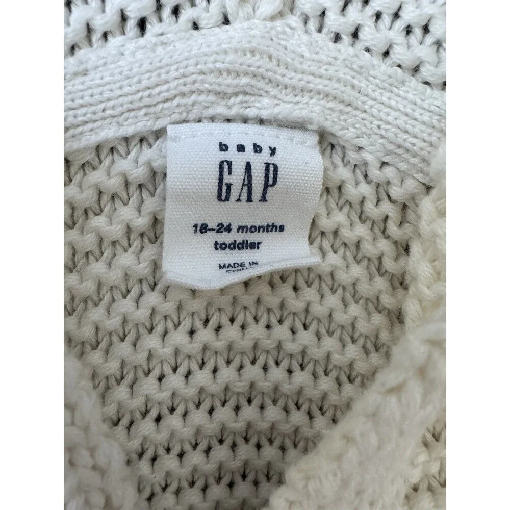 Baby Gap 18/24 Unisex Ivory Knit Full Zip Hooded Sweater Preppy 100% Cotton